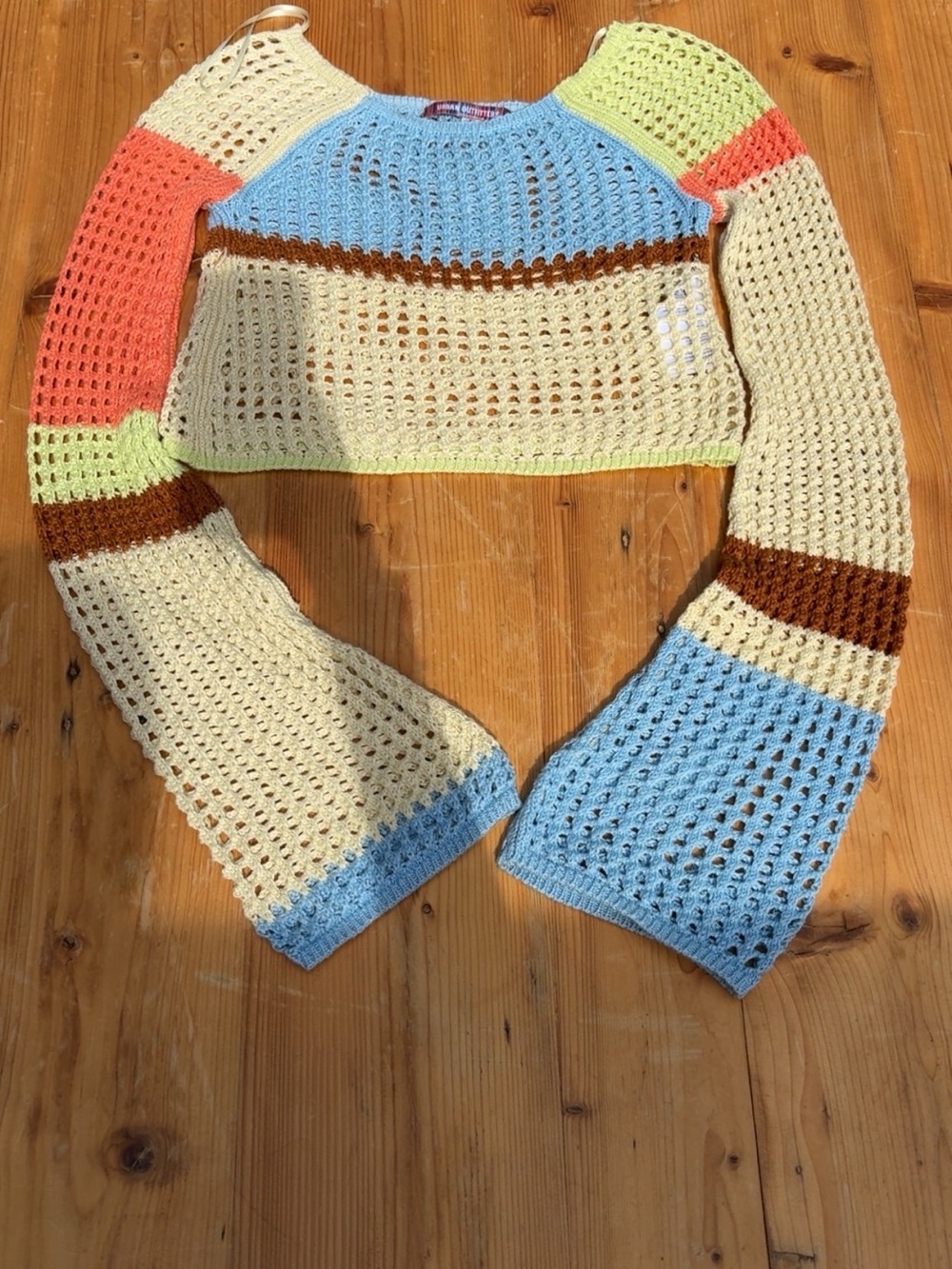 Urban Outfitters Crochet Crop Sweater in Cream, Blue, Coral & Lime